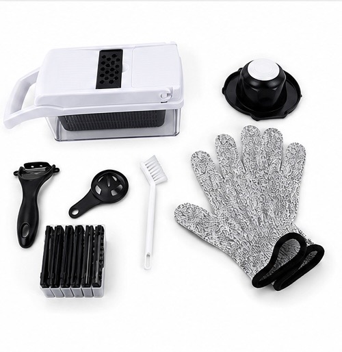 The complete set — cutter body, blade inserts, hand protector, cleaning brush, peeler and cut-resistant gloves
