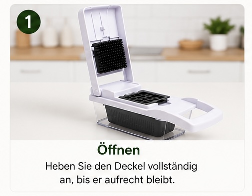 Schritt 1 — Öffnen: Heben Sie den Deckel vollständig an, bis er aufrecht bleibt.