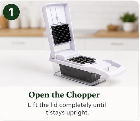 Step 1 — Open the Chopper: lift the lid completely until it stays upright.