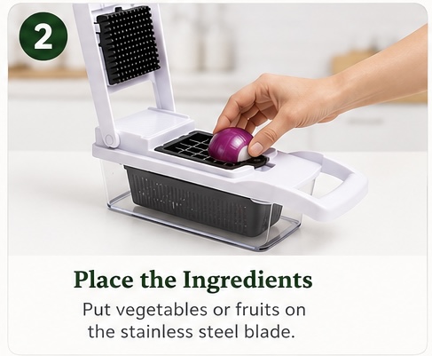 Step 2 — Place the Ingredients: put vegetables or fruits on the stainless steel blade.