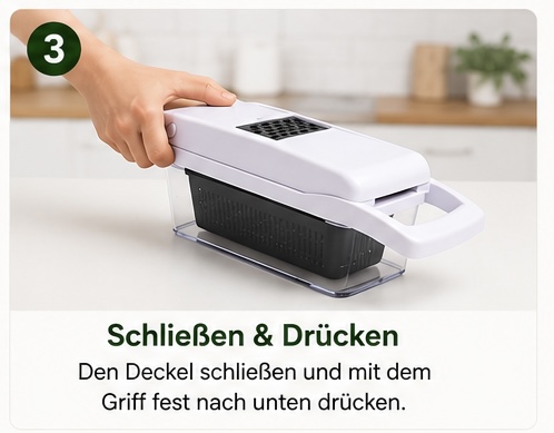 Schritt 3 — Schließen & Drücken: Den Deckel schließen und mit dem Griff fest nach unten drücken.