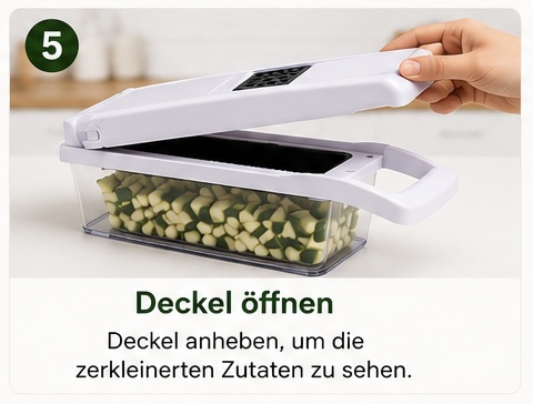 Schritt 5 — Deckel öffnen: Deckel anheben, um die zerkleinerten Zutaten zu sehen.