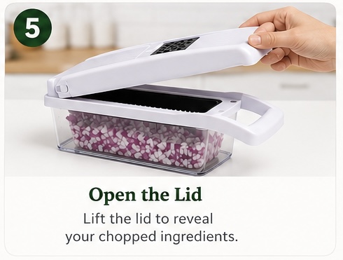 Step 5 — Open the Lid: lift the lid to reveal your chopped ingredients.