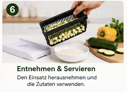 Schritt 6 — Entnehmen & Servieren: Den Einsatz herausnehmen und die Zutaten verwenden.