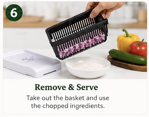 Step 6 — Remove & Serve: take out the basket and use the chopped ingredients.