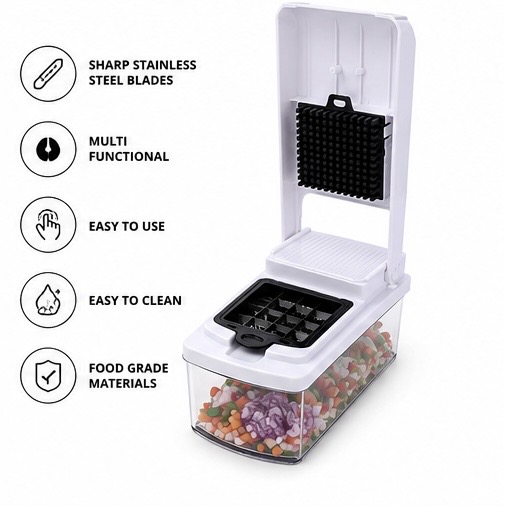 Key features of the RS Vegetable Cutter — sharp stainless steel blades, multifunctional, easy to use, easy to clean and food-grade materials