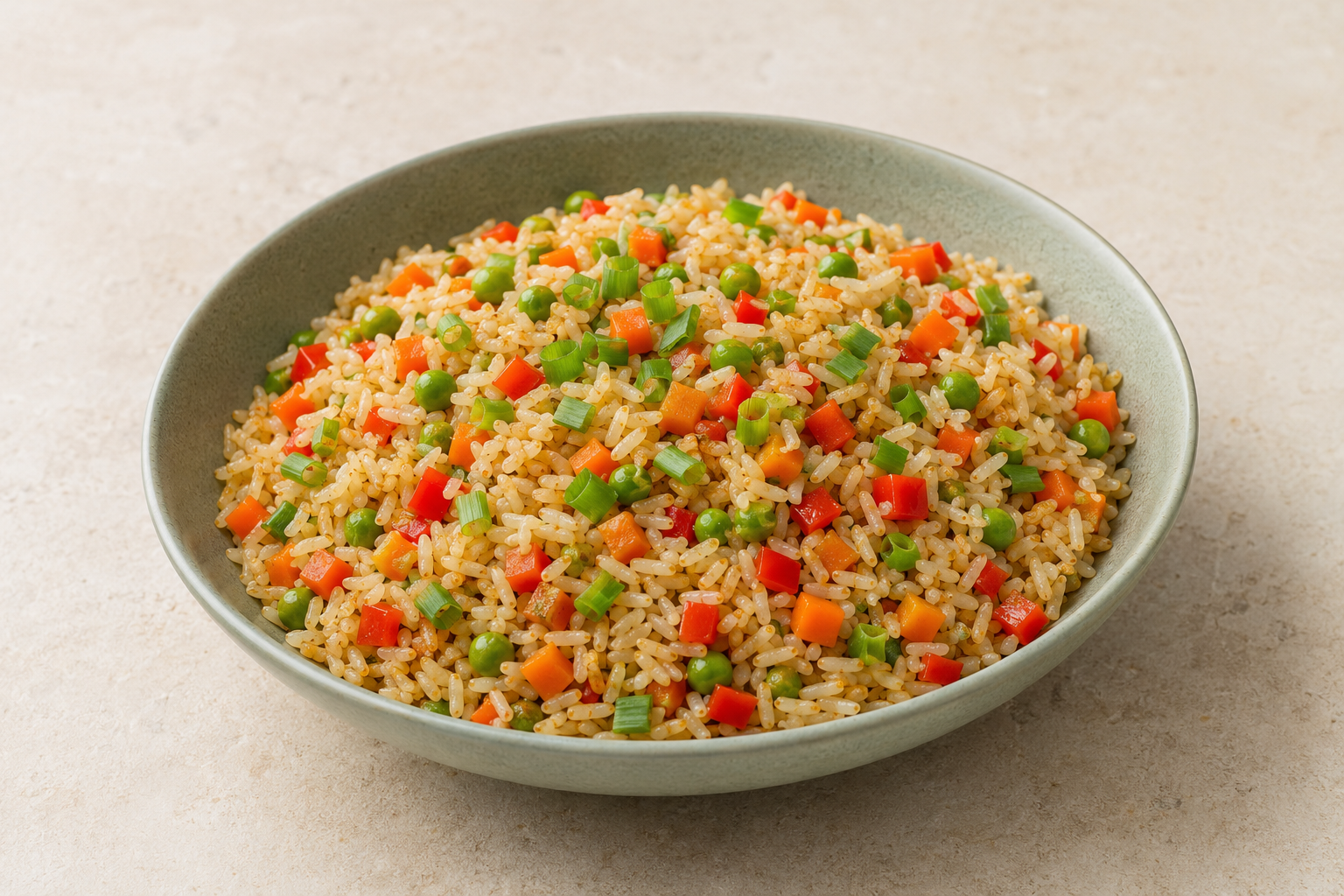 Vegetable fried rice with carrot, bell pepper, peas and spring onion
